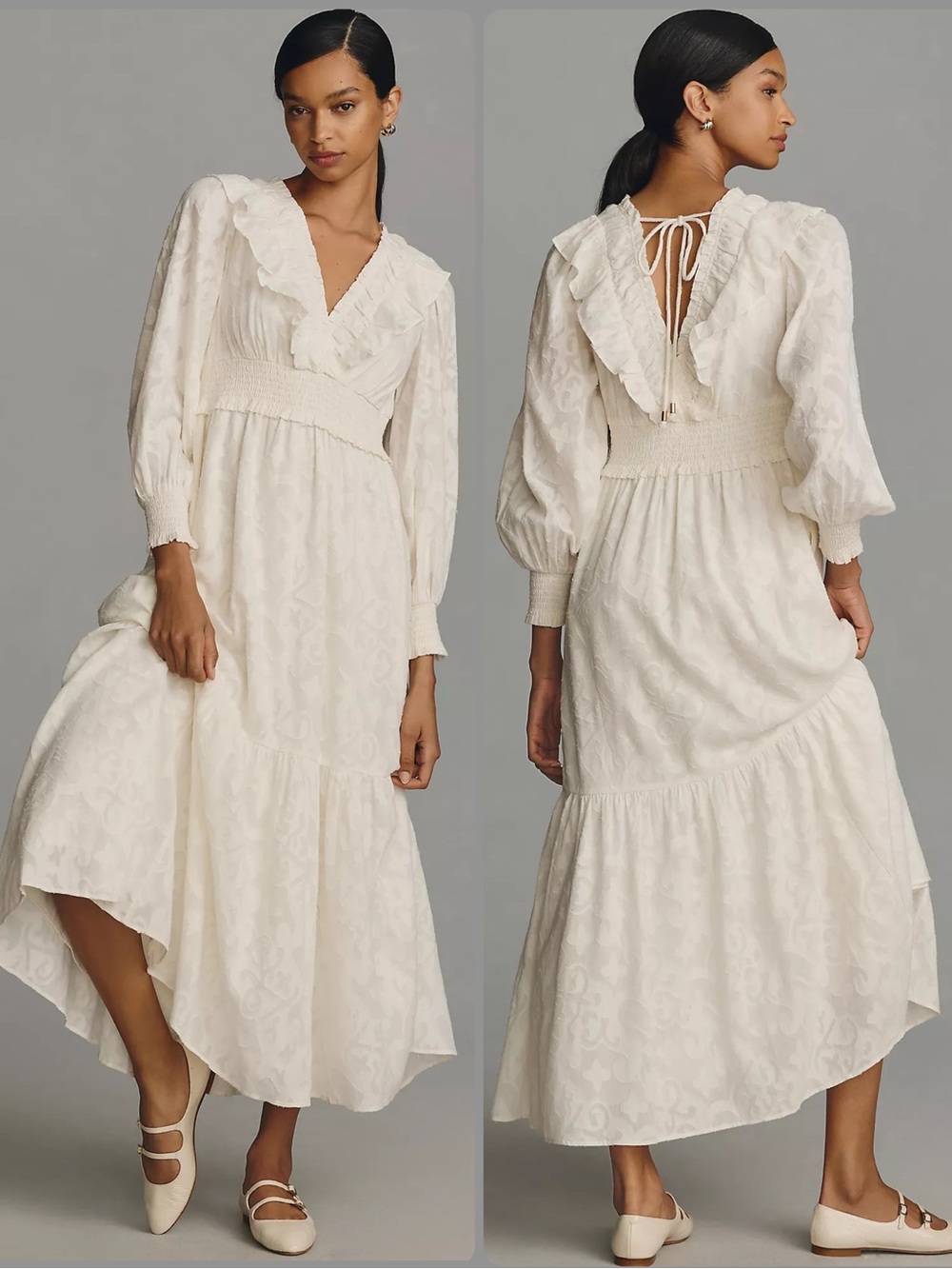 Anthropologie Ivory Cotton Ruffled V-Neck Elastic Waist Maxi Dress NWT $170